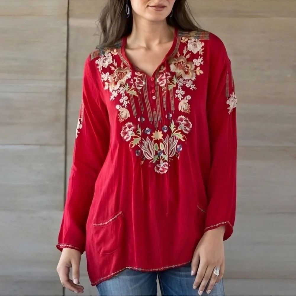 Johnny Was Embroidered Boho Red Floral Top Size Medium